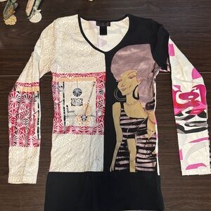 Graphic Patchwork Long Sleeve Top - Pink, Black & Cream